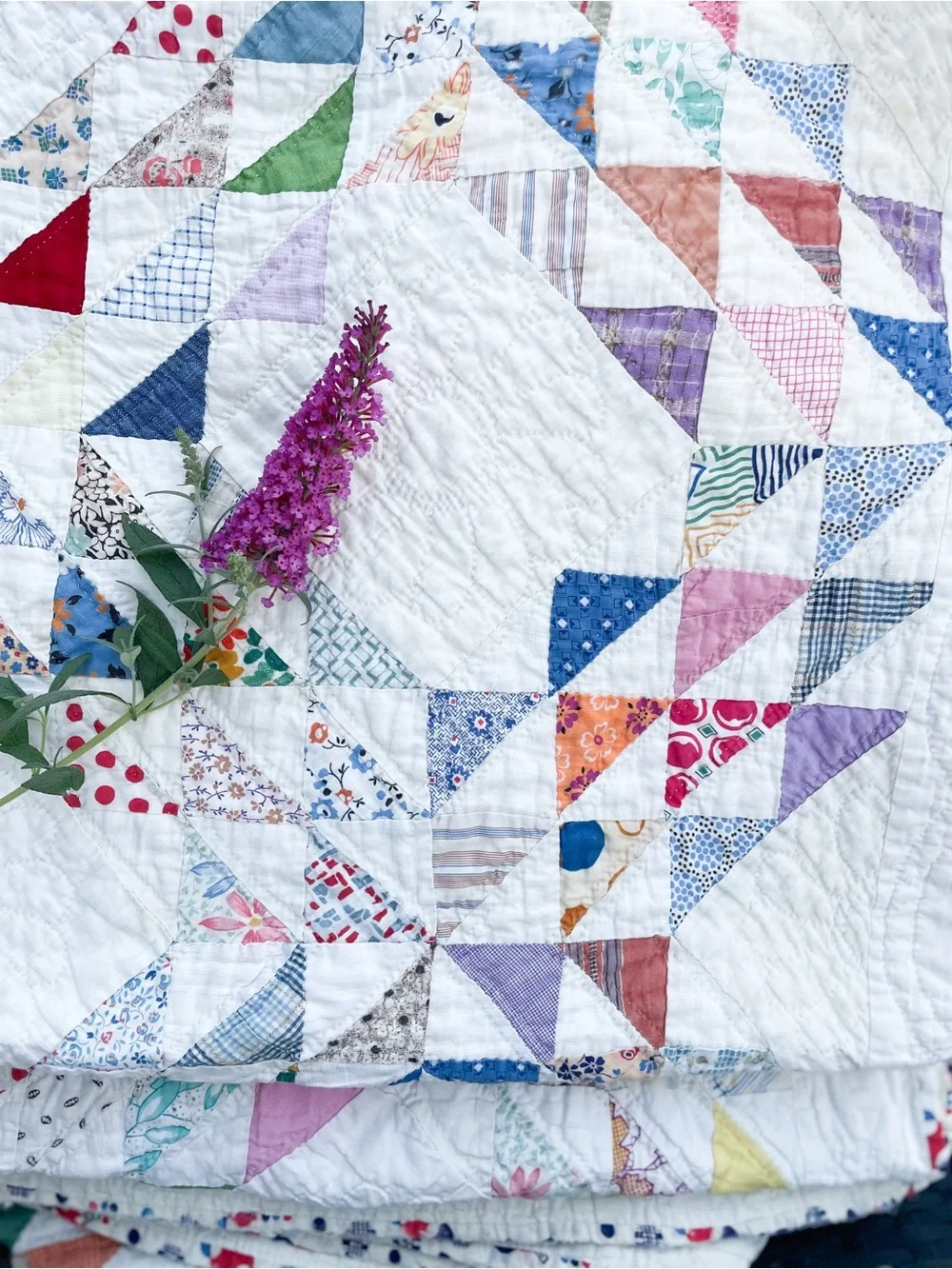 Vintage Feedsack Ocean Wave Quilt Hand Quilted 82x70 Cottage Farmhouse
